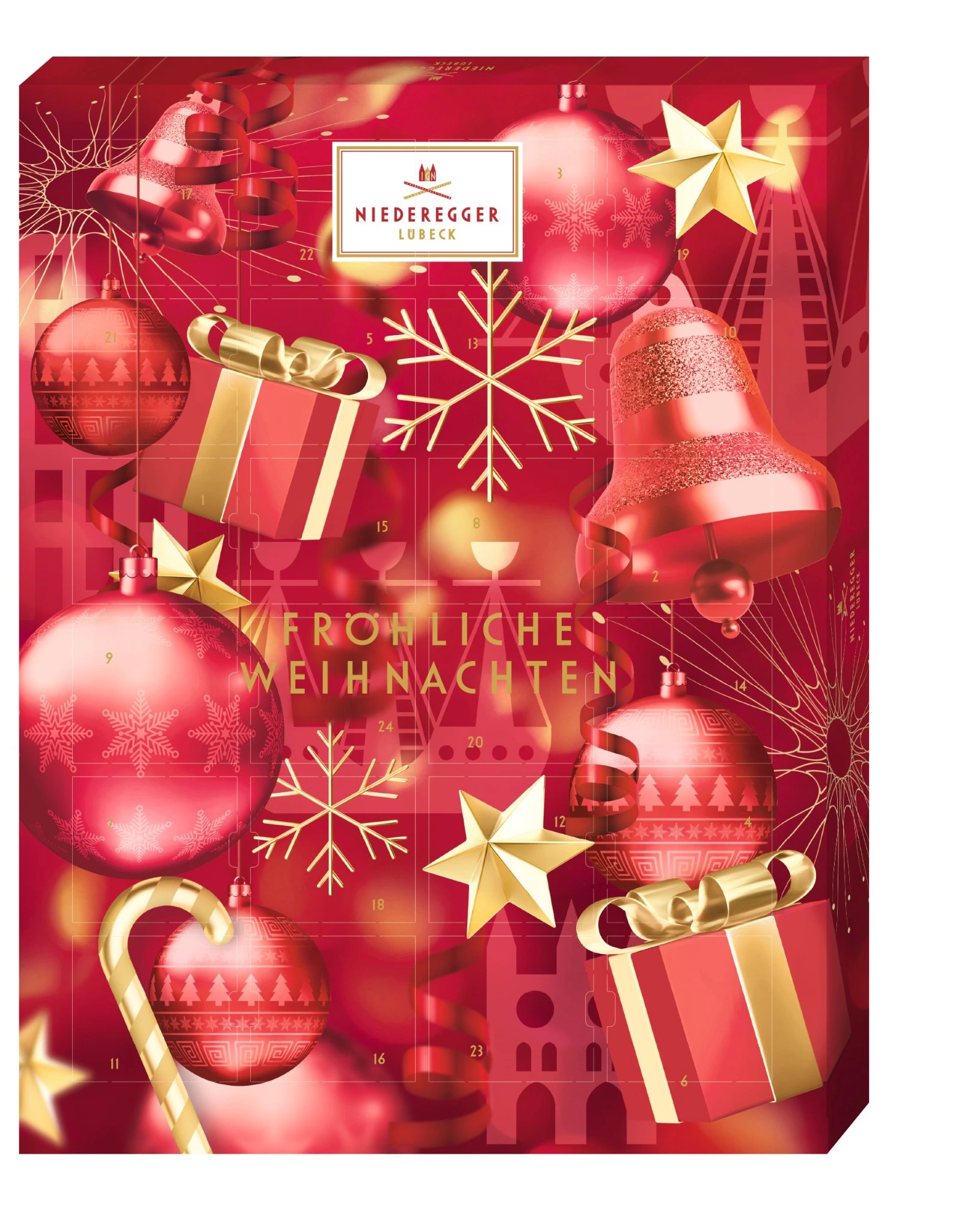 Niederegger Adventskalender Glamour 2026 in rotem Weihnachtsdesign