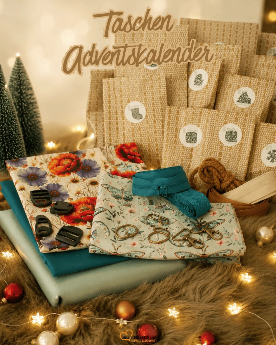 Schnuckidu Taschen-Adventskalender 2026 mit Stoffen, Gurtband, Karabinern und Nähzubehör